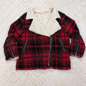 Faherty Jacket Womens L Red Plaid Montana Faux Shearling Moto Cozy Chic